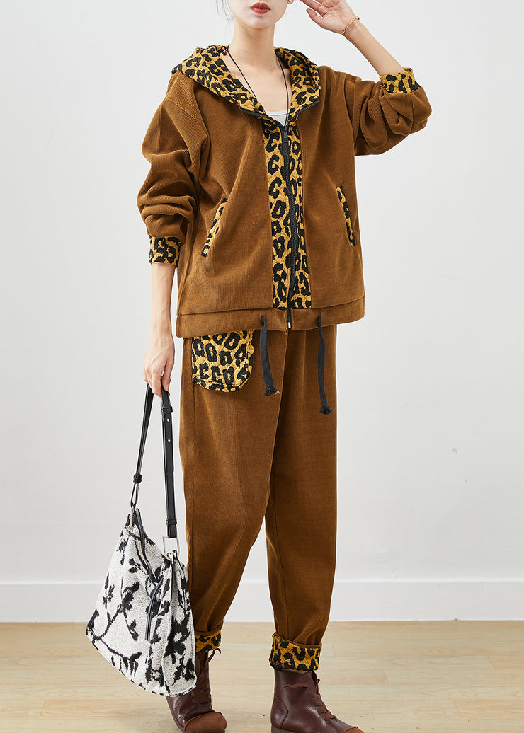 DIY Khaki Leopard Patchwork Drawstring Warm Fleece Two Pieces Set Winter