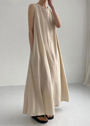 DIY Khaki O Neck Exra Large Hem Cotton Dresses Sleeveless