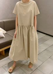 DIY Khaki O-Neck Wrinkled Patchwork Solid Cotton Long Dresses Short Sleeve