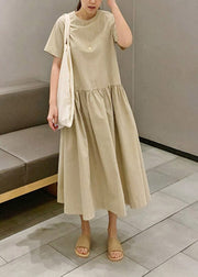 DIY Khaki O-Neck Wrinkled Patchwork Solid Cotton Long Dresses Short Sleeve