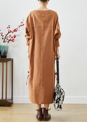 DIY Khaki Oversized Lace Up Linen Long Dress Fall