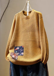 DIY Khaki Oversized Patchwork Applique Knit Sweater Winter