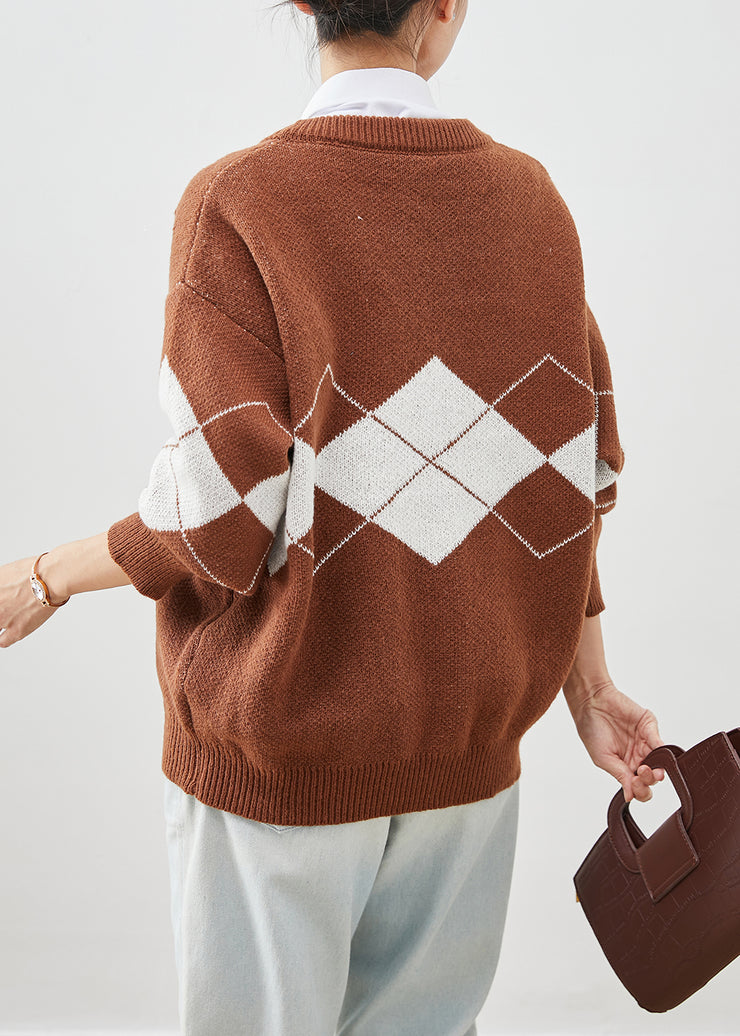 DIY Khaki Oversized Print Knit Cardigan Winter