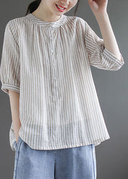 DIY Khaki Oversized Striped Cotton Shirt Half Sleeve