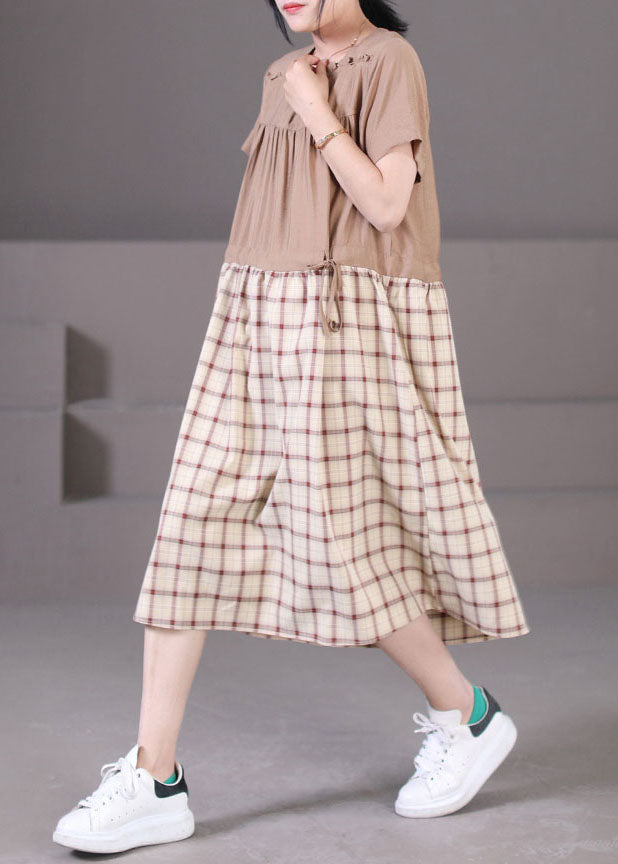 DIY Khaki Square Collar Wrinkled Ruffled Drawstring Plaid Maxi Dresses Short Sleeve