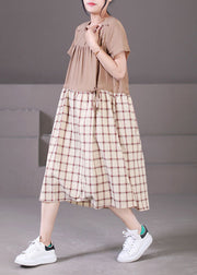 DIY Khaki Square Collar Wrinkled Ruffled Drawstring Plaid Maxi Dresses Short Sleeve