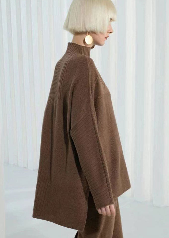 DIY Khaki Stand Collar Oversized Side Open Knit Sweaters Long Sleeve