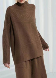 DIY Khaki Stand Collar Oversized Side Open Knit Sweaters Long Sleeve