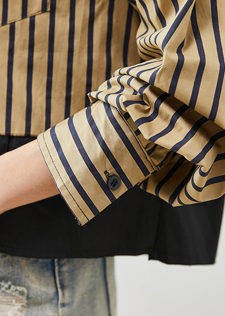 DIY Khaki Striped Patchwork Cotton Blouses Spring