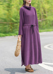 DIY Khaki Tunic Pattern High Neck Drawstring Spring Dresses - SooLinen