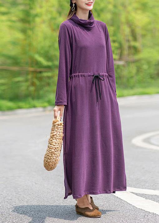 DIY Khaki Tunic Pattern High Neck Drawstring Spring Dresses - SooLinen