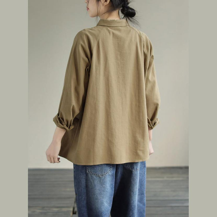 DIY Khaki Tunics For Women Lapel Pockets Plus Size Clothing Spring Shirt - SooLinen