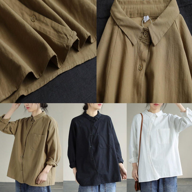 DIY Khaki Tunics For Women Lapel Pockets Plus Size Clothing Spring Shirt - SooLinen