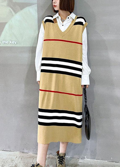 DIY Khaki V Neck Striped Fall Knit Sweater Dress - SooLinen