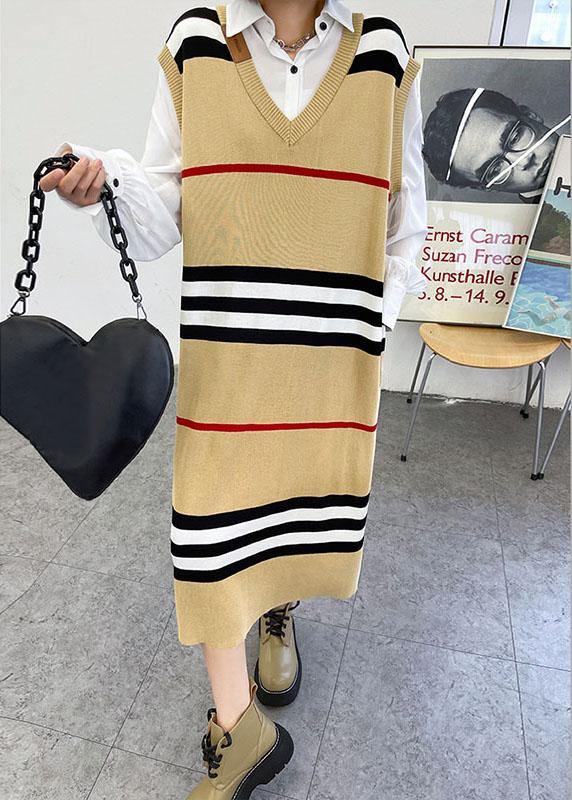 DIY Khaki V Neck Striped Fall Knit Sweater Dress - SooLinen