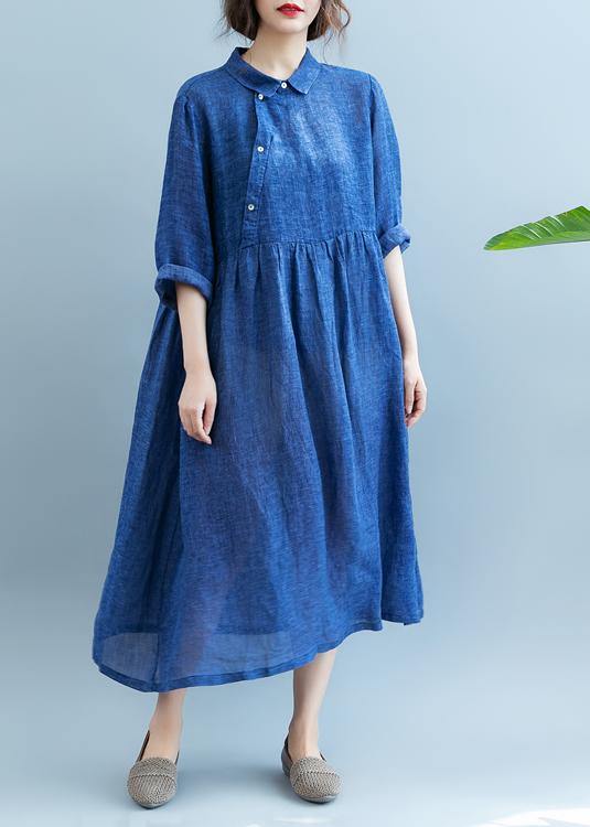DIY Lapel cotton Summer Clothes For Women Fabrics Blue Dress - SooLinen