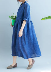DIY Lapel cotton Summer Clothes For Women Fabrics Blue Dress - SooLinen