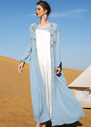 DIY Light Blue V Neck Embroidered Button Maxi Holiday Silk Cardigans Fall