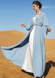 DIY Light Blue V Neck Embroidered Button Maxi Holiday Silk Cardigans Fall