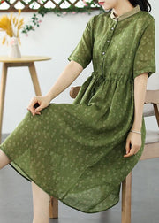 DIY Light Green Print Drawstring Button Patchwork Linen Dress Summer
