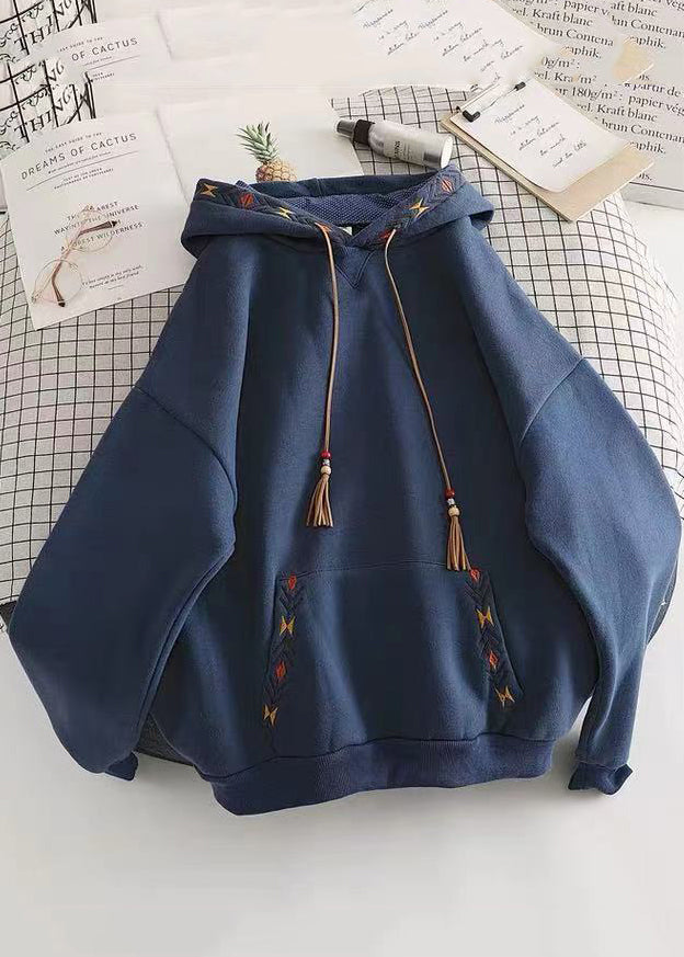 DIY Navy Hooded Embroidered Cotton Sweatshirts Top Spring