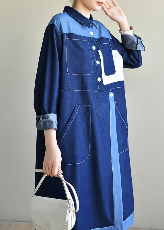 DIY Navy Long sleeve Chiffon Dress Patchwork Mid Dress - SooLinen
