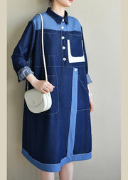 DIY Navy Long sleeve Chiffon Dress Patchwork Mid Dress - SooLinen