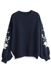 DIY Navy O-Neck Sequins Embroideried Fall Knit Sweaters - SooLinen