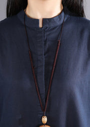 DIY Navy Stehkragen Asymmetrisches Design Knopf Baumwolle Langarmhemd Kurzarm
