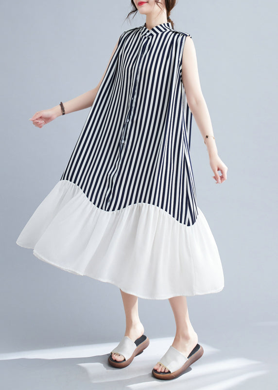 DIY Navy Stand Collar Patchwork Striped Dresses Sleeveless