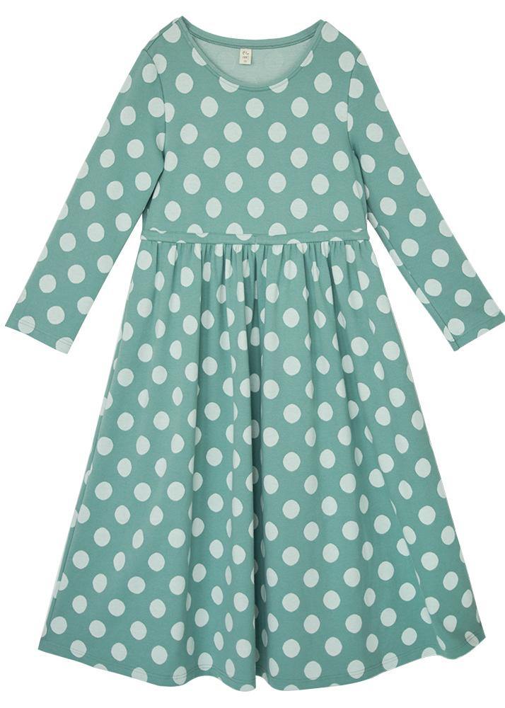 DIY O Neck Cinched Spring Quilting Dresses Pattern Green Dotted Loose Dresses - SooLinen