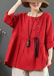 DIY O Neck Cinched Spring Shirts Women Sewing Red Top - SooLinen