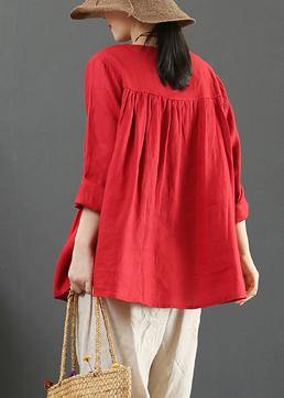 DIY O Neck Cinched Spring Shirts Women Sewing Red Top - SooLinen