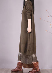 DIY O Neck Patchwork Lace Spring Tunics Linen Chocolate A Line Dress - SooLinen