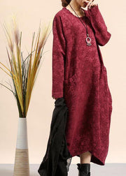 DIY O Neck Pocket Spring Quilting Dresses Fabrics Burgundy Jacquard Robe Dress - SooLinen