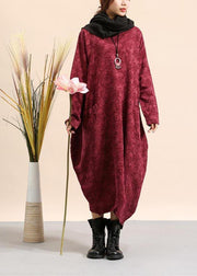 DIY O Neck Pocket Spring Quilting Dresses Fabrics Burgundy Jacquard Robe Dress - SooLinen
