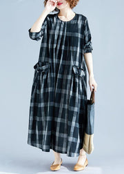 DIY O Neck Pockets Spring Tunics Gray Plaid Maxi Dress - SooLinen