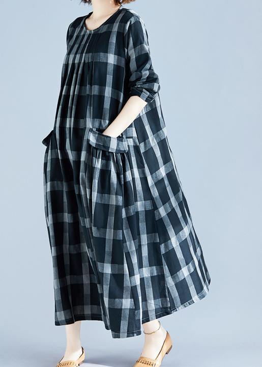 DIY O Neck Pockets Spring Tunics Gray Plaid Maxi Dress - SooLinen