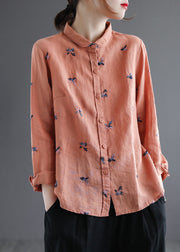 DIY Orange Embroidered Loose Linen Shirts Spring