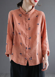 DIY Orange Embroidered Loose Linen Shirts Spring