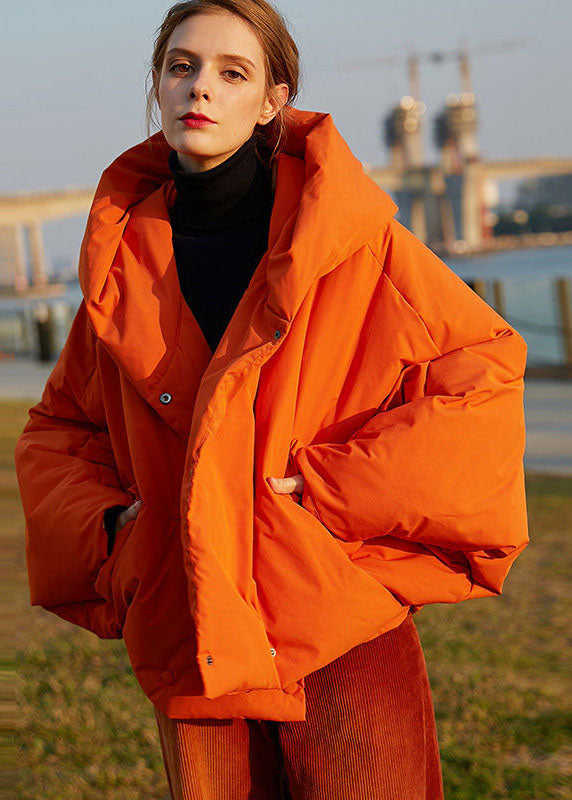 DIY Orange Hooded Oversized Solid Color Duck Down Puffer Coat Batwing Sleeve