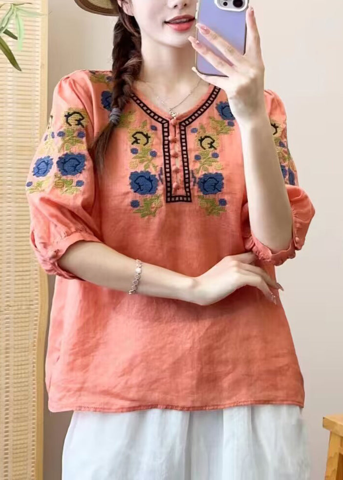 DIY Orange O Neck Embroidered Patchwork Linen Shirts Bracelet Sleeve