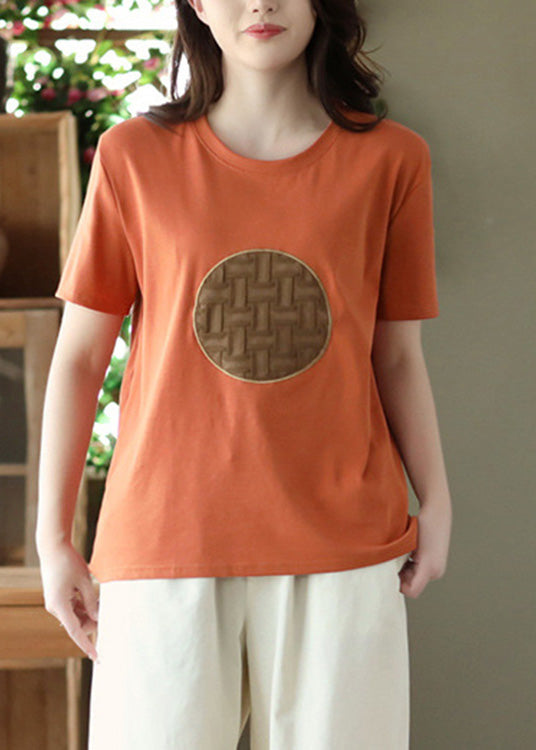 DIY Orange O-Neck Patchwork Cotton T Shirt Short Sleeve