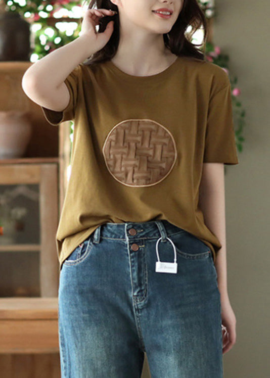 DIY Orange O-Neck Patchwork Cotton T Shirt Short Sleeve