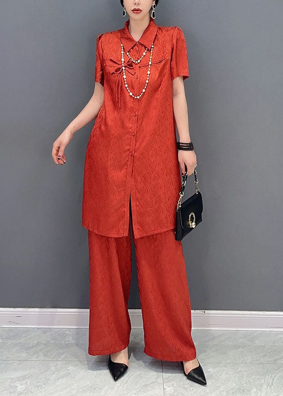 DIY Orange Peter Pan Collar Side Open Silk Women Sets 2 Pieces Summer