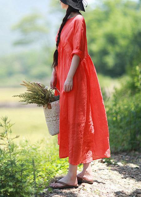 DIY Orange Red Clothes O Neck Cinched Robes Summer Dress - SooLinen