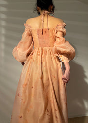 DIY Orange Slash neck Wrinkled Exra Large Hem Print Silk Cinch Dresses Long Sleeve