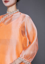 DIY Orange Stand Collar Lace Patchwork Silk Dress Bracelet Sleeve