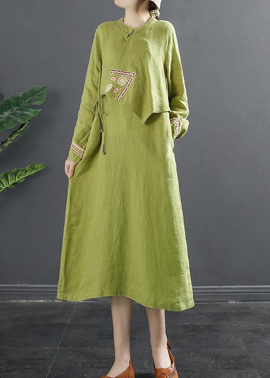 DIY Patchwork Lnspiration Green Embroidery Maxi Dress - SooLinen