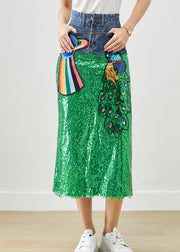 DIY Peacock Embroidered Patchwork Sequins Denim Skirt Fall